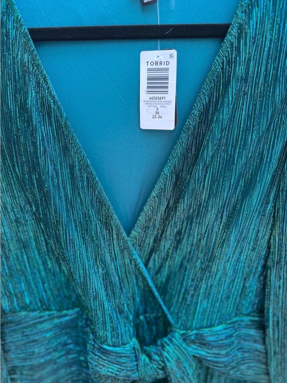Torrid Emerald Silver Glitter Plisse Wrap Mini Dress Plus Size 3 3X 22-24 New - Picture 6 of 7